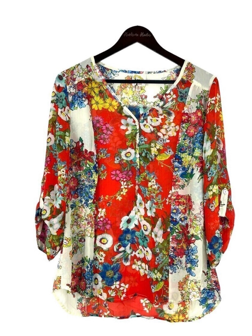 Anthropologie Fig and Flower Women Red
Orange blue Floral Boho Top 3/4 sleeve